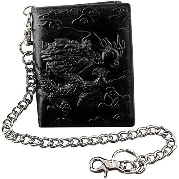 Balck Men Real Leather Vintage Dragon Wallet with Chain Card Holder Purse - Picture 1 of 6